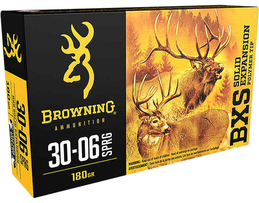 Browning Ammo B192430061 BXS Big Game & Deer 30-06 Springfield 180 gr 2750 fps Lead Free Solid Expansion Polymer Tip 20 Bx/10 Cs