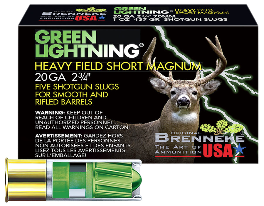 Brenneke SL202HFSGL Green Lightning  20 Gauge 2.75" 1 oz/546 gr 1392 fps Slug Shot 5 Bx/50 Cs