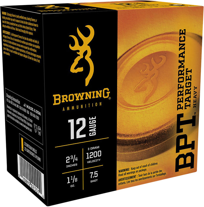 Browning Ammo B193621227 BPT Performance Target Heavy 12Gauge 2.75" 1 1/8oz 7.5Shot 25 Per Box/10 Case