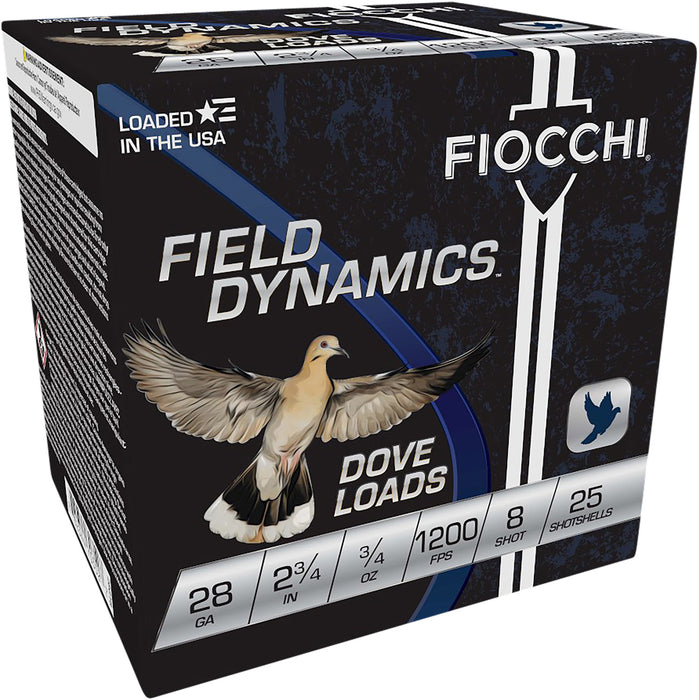 Fiocchi 28GT8 Field Dynamics Dove & Quail 28 Gauge 2.75" 3/4 oz 1200 fps 8 Shot 25 Bx/10 Cs