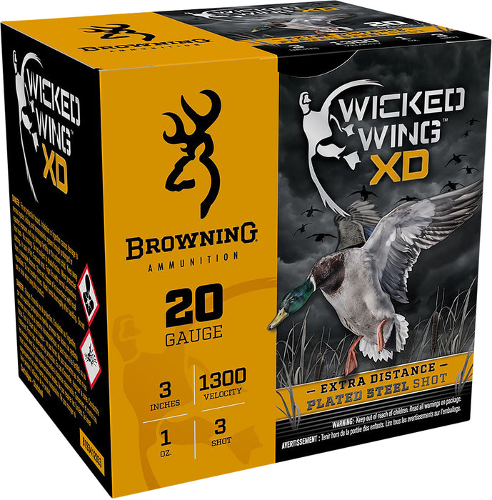 Browning Ammo B193412033 Wicked Wing XD Extra Distance 20 Gauge 3" 1 oz 1300 fps 3 Shot 25 Bx/10 Cs