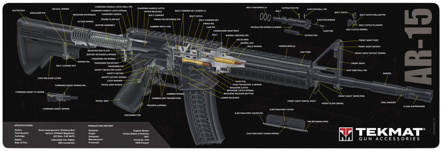 TekMat TEKR36AR15  Cleaning Mat Black/White Rubber 12"x36" AR-15 3D Cutaway