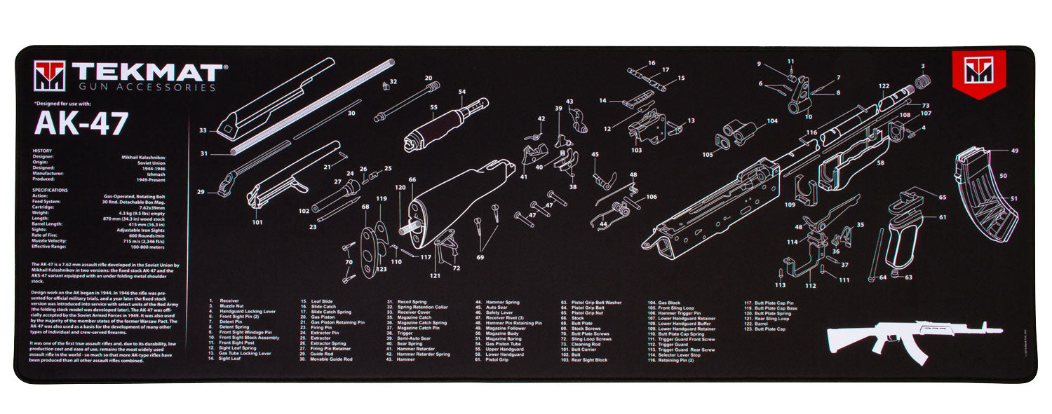 TekMat TEKR44AK47 AK-47 Ultra 44 Cleaning Mat Black/White Rubber 15"x44" AK-47 Parts Diagram