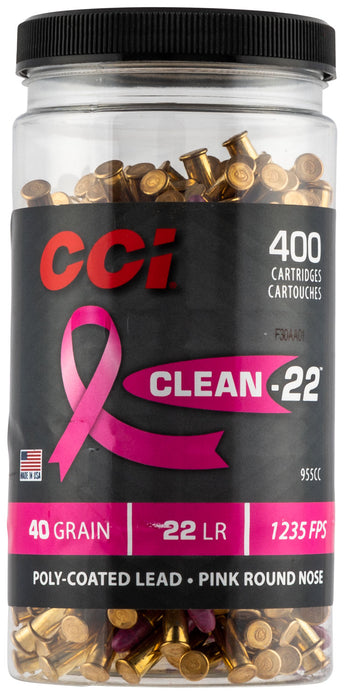 CCI 955CC Clean-22  22 LR 40 gr 1235 fps Pink Poly-Coated Lead Round Nose (LRN) 400 Bx/8 Cs