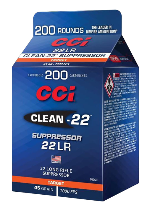 CCI 980CC Clean-22 Suppressor  22 LR 45 gr 1000 fps Lead Round Nose (LRN) 200 Bx/10 Cs