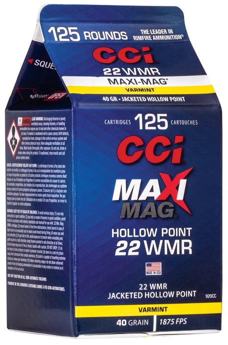 CCI 920CC Maxi-Mag  22 WMR 40 gr 1875 fps Jacketed Hollow Point (JHP) 125 Bx/10 Cs