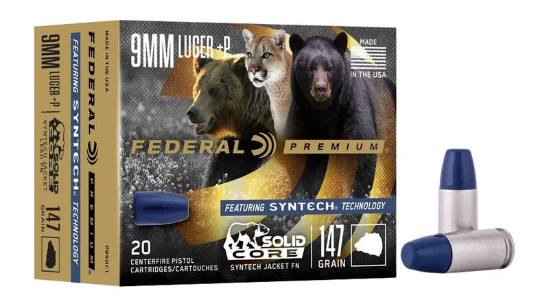 Federal P9SHC1 Premium  9mmLuger+P 147gr Solid Core Synthetic Flat Nose 20 Per Box/10 Case