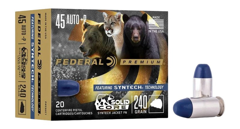 Federal P45SHC1 Premium  45ACP+P 240gr Solid Core Synthetic Flat Nose 20 Per Box/10 Case