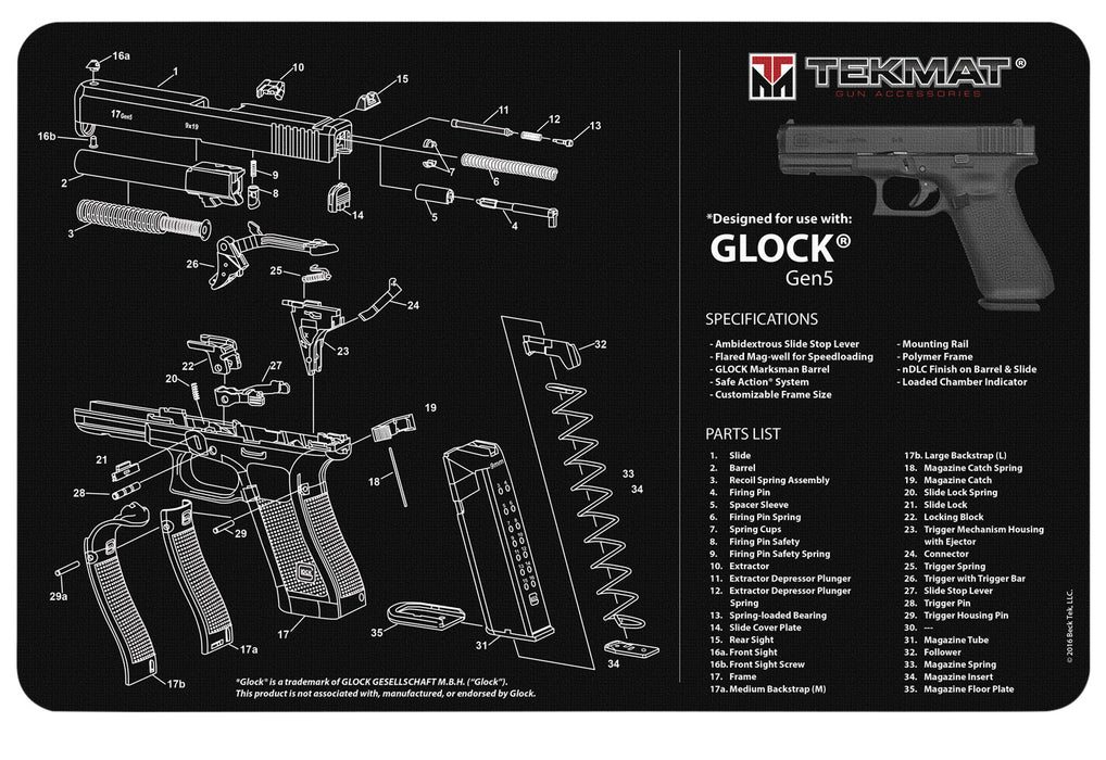 TekMat TEKR17GLOCKG5 Glock Gen5 Cleaning Mat Black/White Rubber 11"x17" Glock Gen5 Parts Diagram