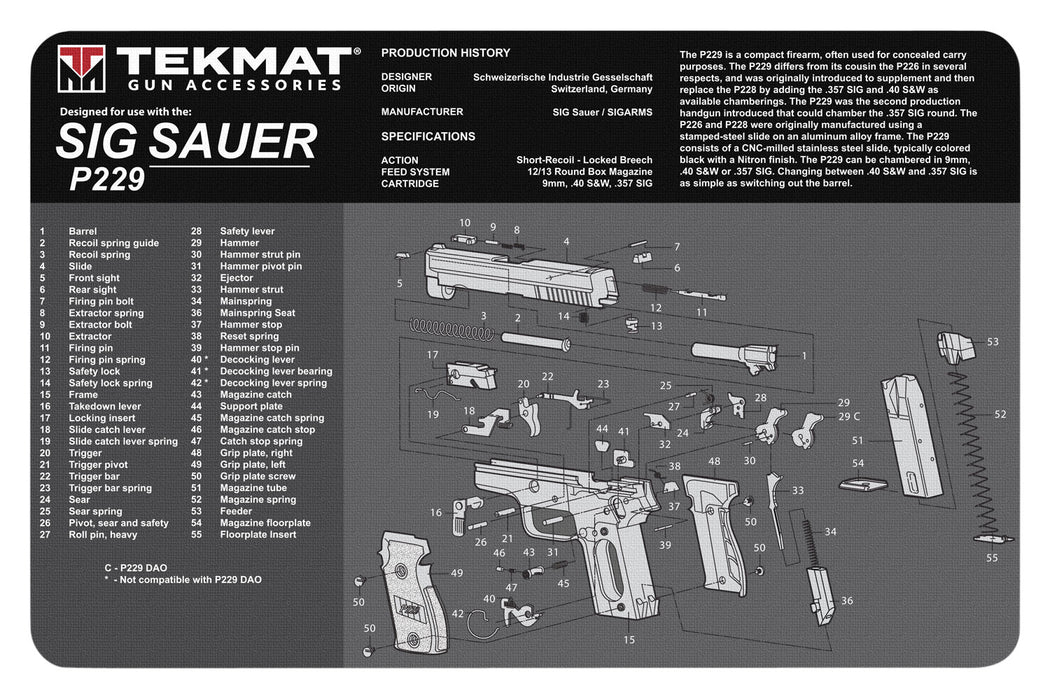 TekMat TEKR17SIGP229 Sig Sauer P229 Cleaning Mat Black/White Rubber 11"x17" Sig P229 Parts Diagram