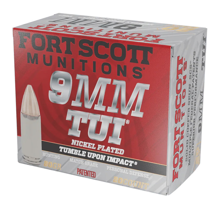 Fort Scott Munitions 9MM080SCVNIC Tumble Upon Impact (TUI)  9mmLuger 80gr Solid Copper Spun 20 Per Box/25 Case