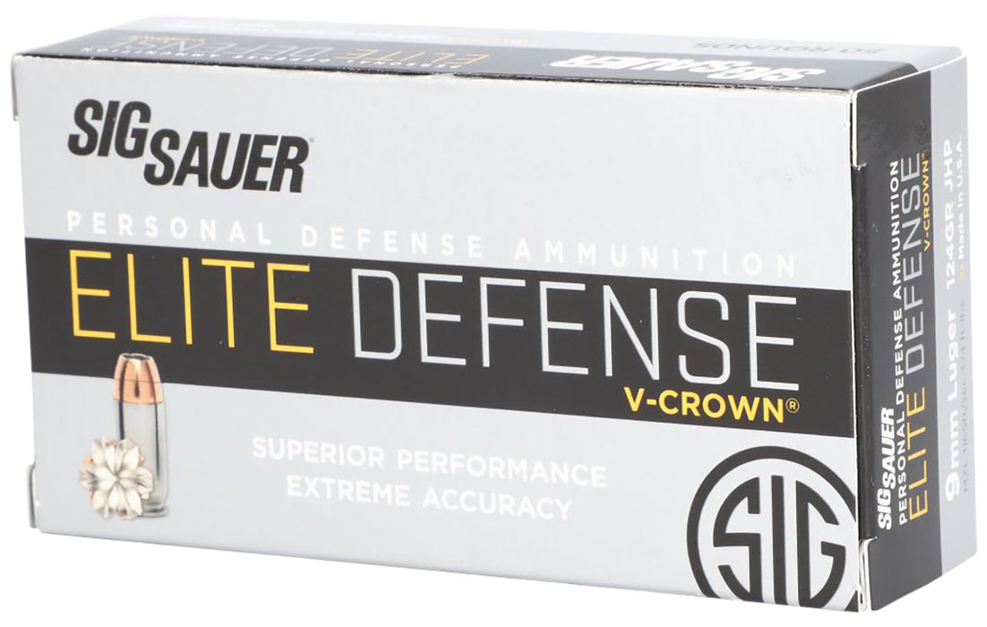 Sig Sauer E9MMA250 Elite Defense  9mm Luger 124 gr V-Crown Jacketed Hollow Point (VJHP) 50 Per Box/10 Cs