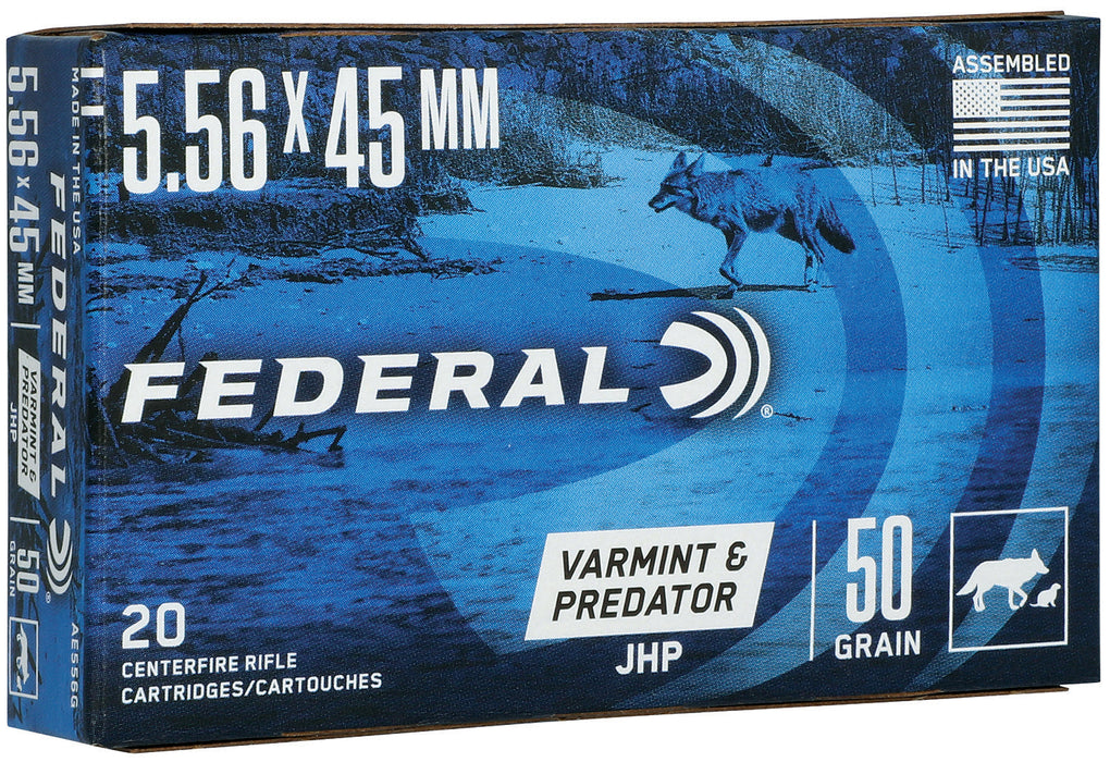 Federal AE556G American Eagle Varmint & Predator 5.56x45mm NATO 50 gr 3100 fps Jacketed Hollow Point (JHP) 20 Bx/25 Cs