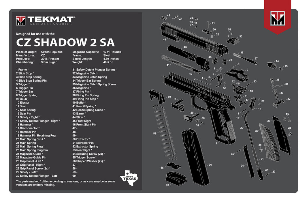 TekMat TEKR17CZSHDW2 CZ Shadow 2 SA Cleaning Mat Black/White Rubber 11"x17" CZ-75 Shadow 2 SA Diagram