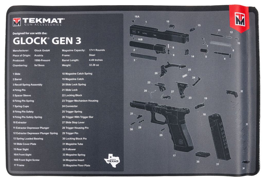 TekMat TEKR17GLOCKG3 Glock Gen 3  Black/White Rubber 11"x17" Glock Gen3 Parts Diagram