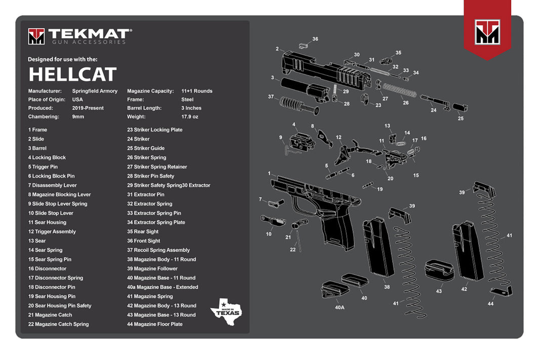 TekMat TEKR17HELLCAT Springfield Armory Hellcat Cleaning Mat Gray/White Rubber 11"x17" Springfield Hellcat Parts Diagram