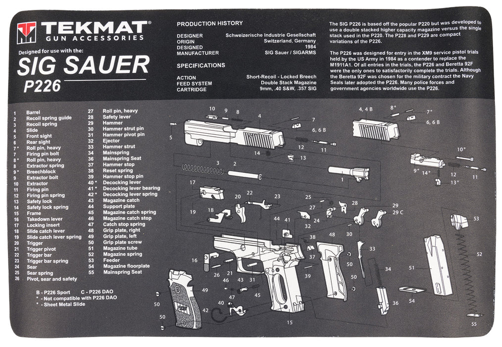 TekMat TEKR17SIGP226 Sig Sauer P226 Cleaning Mat Gray/White Rubber 11"x17" Sig P226 Parts Diagram