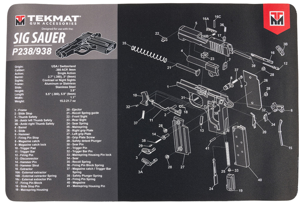 TekMat TEKR17SIGP238 Sig Sauer P238 Cleaning Mat Black/Gray Rubber 11"x17" Sig P238 Parts Diagram