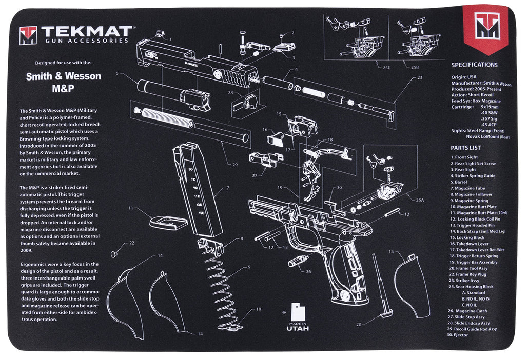 TekMat TEKR17SWMP S&W M&P Cleaning Mat Black/Gray Rubber 11"x17" S&W M&P Parts Diagram