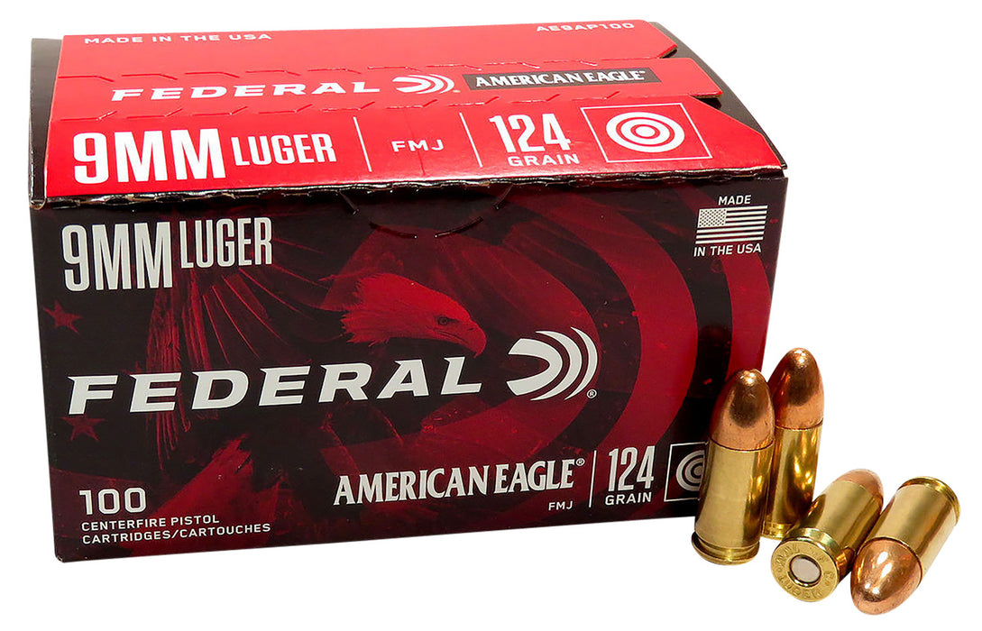 Federal AE9AP100 American Eagle Handgun 9mmLuger 124gr Full Metal Jacket 100 Per Box/5 Case