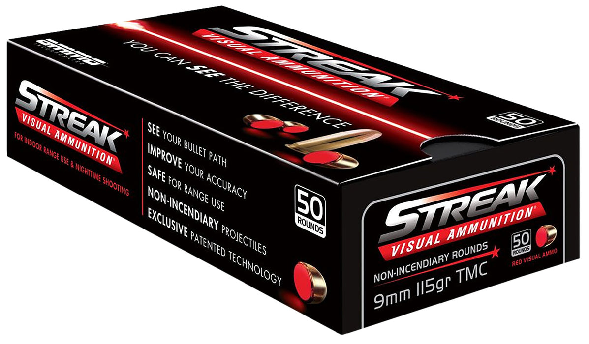 Ammo Inc 9115TMCSTRKRED50 Streak Visual (RED)  115 gr Total Metal Case (TMC) 50 Per Box/20 Cs