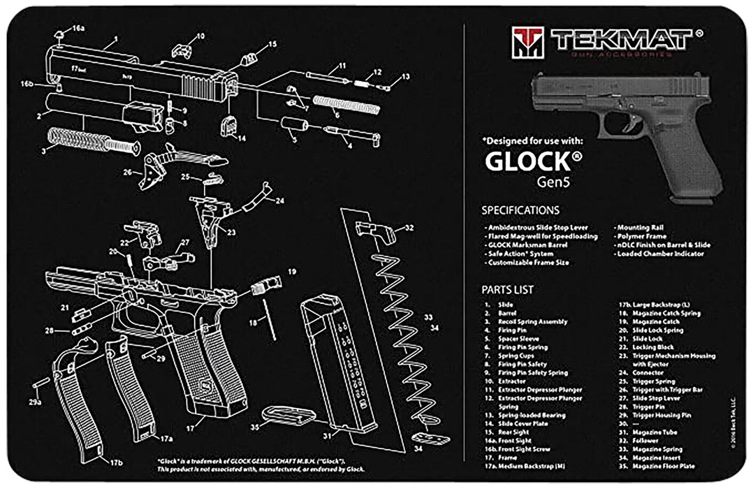 TekMat TEKR20GLOCK-G5 Glock Gen 5 Ultra 20 Cleaning Mat Multi-Color Rubber 15"x20" Glock Gen5 Parts Diagram