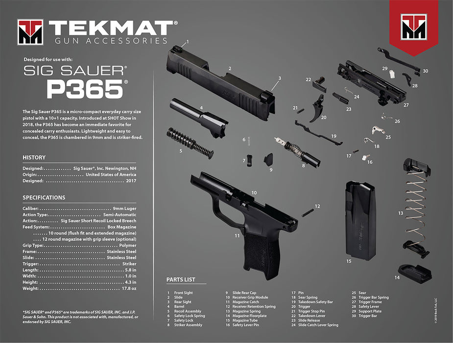 TekMat TEKR20SIGP365  Ultra 20 Cleaning Mat Multi-Color Rubber 15"x20" Sig P365 Parts Diagram