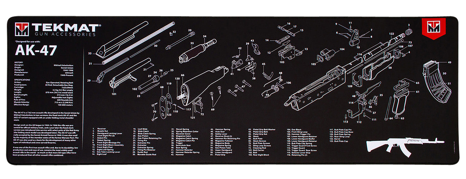 TekMat TEKR36AK47 AK-47 Cleaning Mat Black/White Rubber 12"x36" AK-47 Parts Diagram