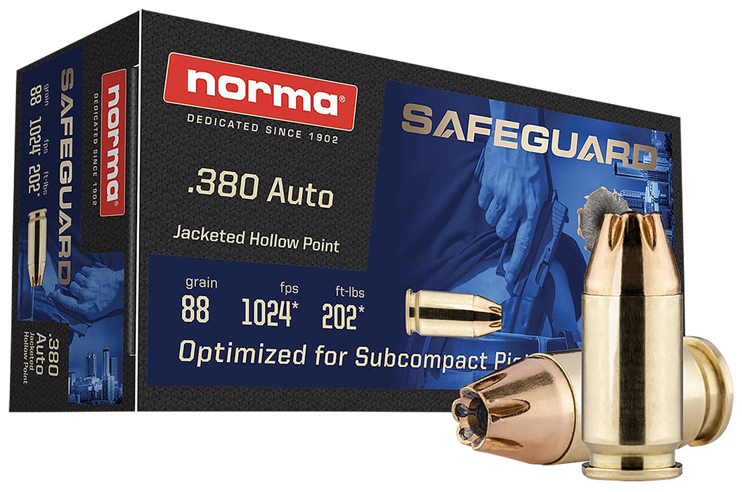 Norma Ammunition 803807680  Safeguard 380 ACP 88 gr Jacketed Hollow Point 50 Per Box/ 20 Case
