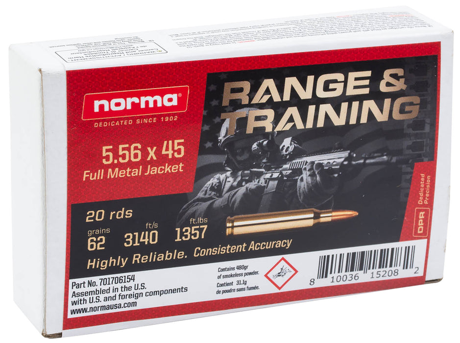 Norma Ammunition 701706154 Range & Training  5.56x45mm NATO 62 gr Full Metal Jacket 20 Per Box/ 10 Case