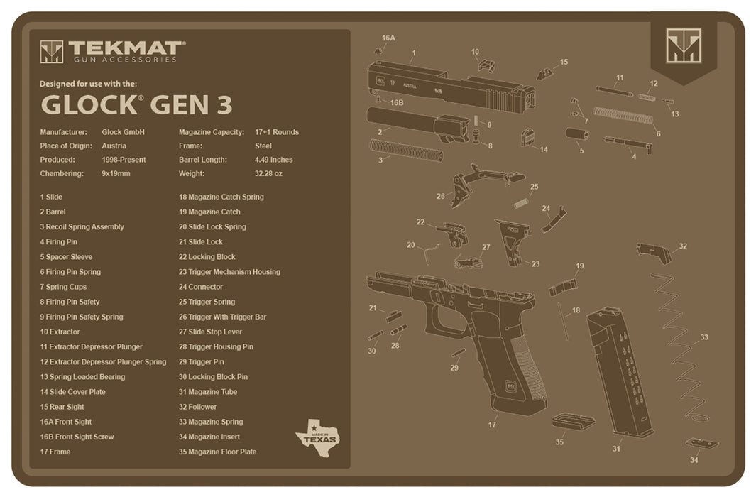 TekMat TEKR17GLOCKG3FDE Glock Gen 3 Cleaning Mat Flat Dark Earth Rubber 11"x17" Glock Gen 3 Parts Diagram