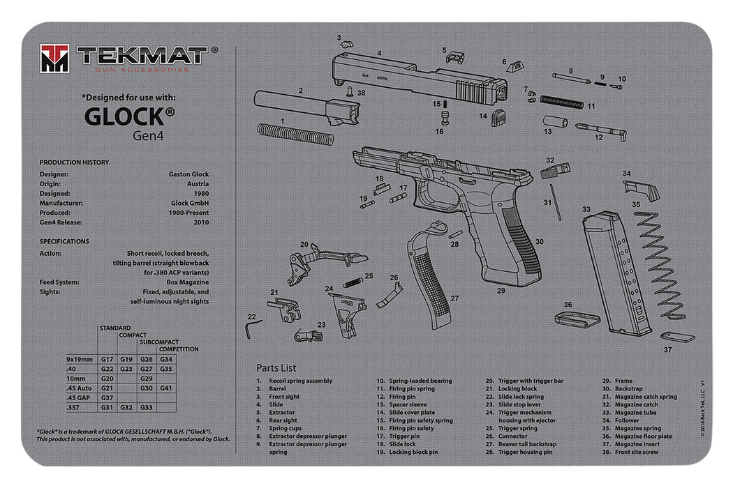 TekMat TEKR17GLOCKG4GY Glock Gen 4 Cleaning Mat Gray Rubber 11"x17" Glock Gen 4 Parts Diagram