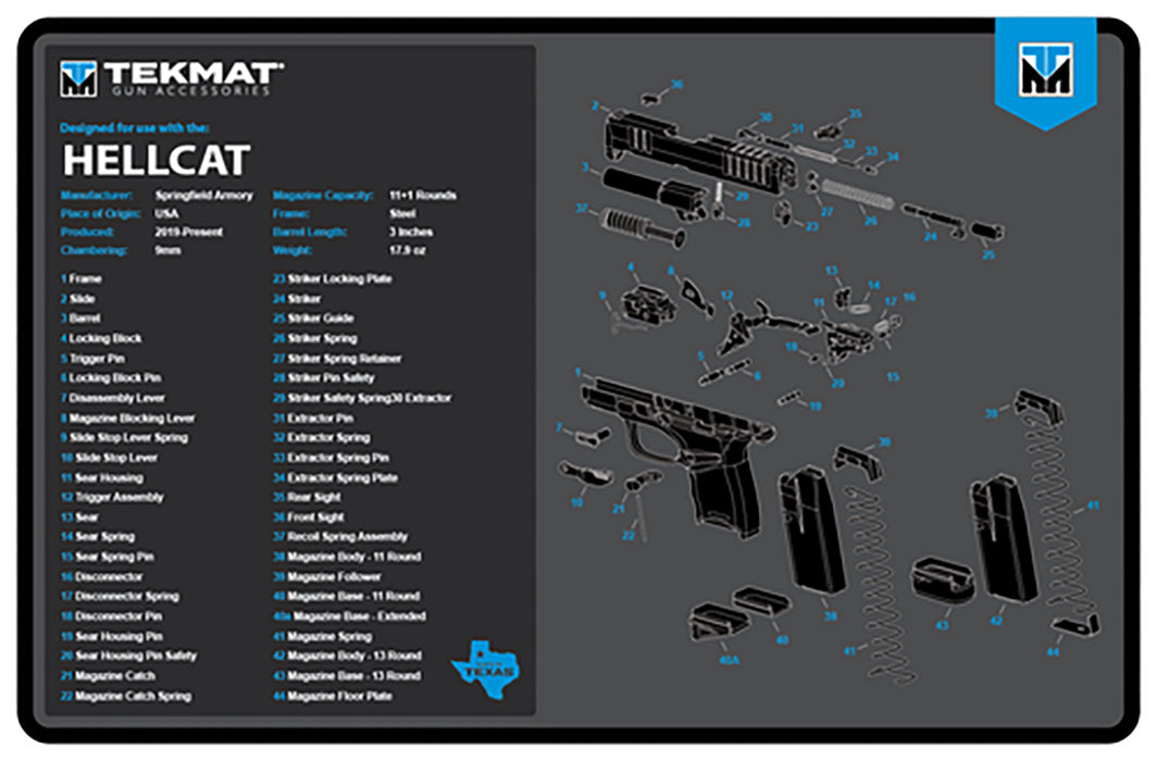 TekMat TEKR17HELLCATBLU Springfield Armory Hellcat Cleaning Mat Black/Blue/White Rubber 11"x17" Springfield Hellcat Parts Diagram