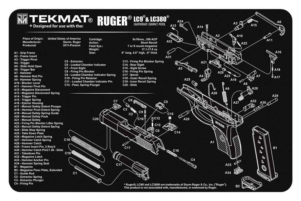 TekMat TEKR17RUGERLC9 Ruger LC9 Cleaning Mat Black/White Rubber 11"x17" Ruger LC9 Parts Diagram