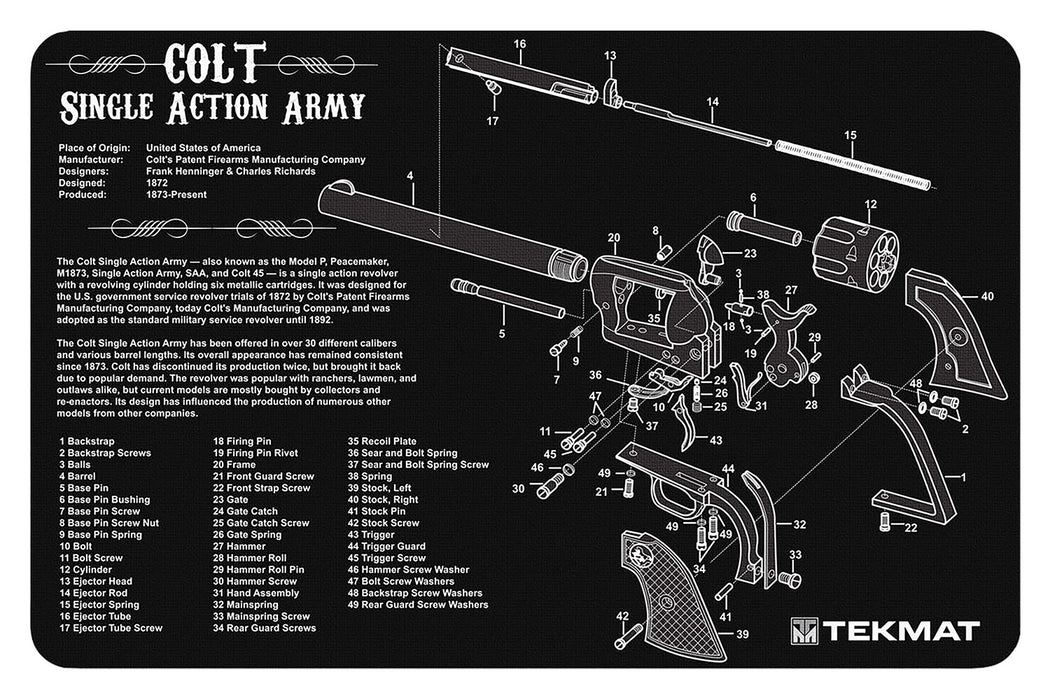 TekMat TEKR17SAA  Cleaning Mat Black/White Rubber 11"x17" Colt Revolver Army Parts Diagram
