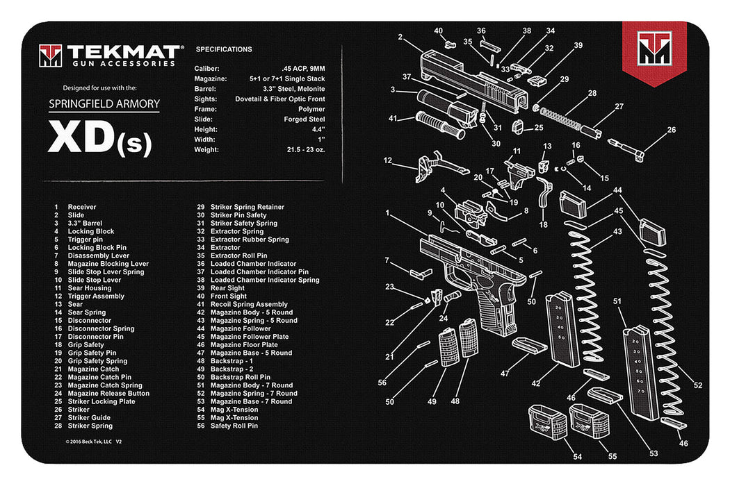 TekMat TEKR17XDS Springfield Armory XDs Cleaning Mat Black/White Rubber 11"x17" Springfield XDs Parts Diagram