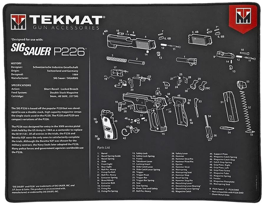 TekMat TEKR20SIGP226 Sig Sauer P226 Ultra 20 Cleaning Mat Black/White Rubber 15"x20" Sig Sauer P226 Parts Diagram