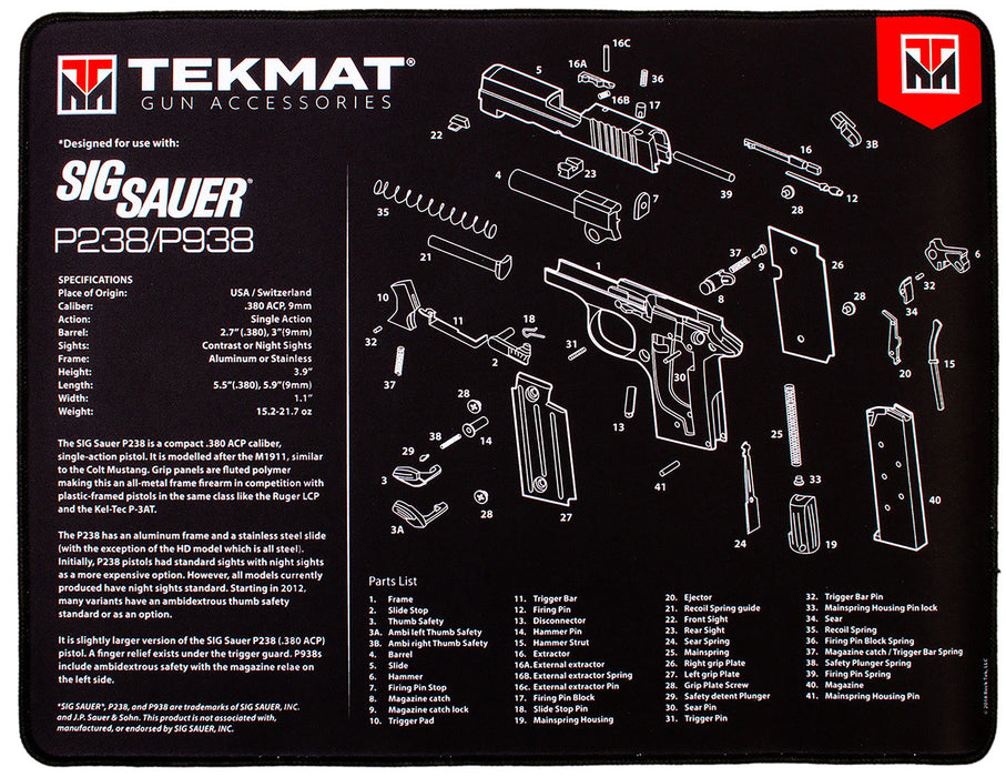 TekMat TEKR20SIGP238 Sig Sauer P238 Ultra 20 Cleaning Mat Black/White Rubber 15"x20" Sig Sauer P238 Parts Diagram
