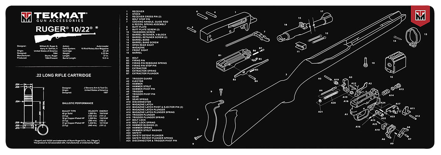 TekMat TEKR361022 Ruger 10/22 Cleaning Mat Black/White Rubber 12"x36" Ruger 10-22 Parts Diagram