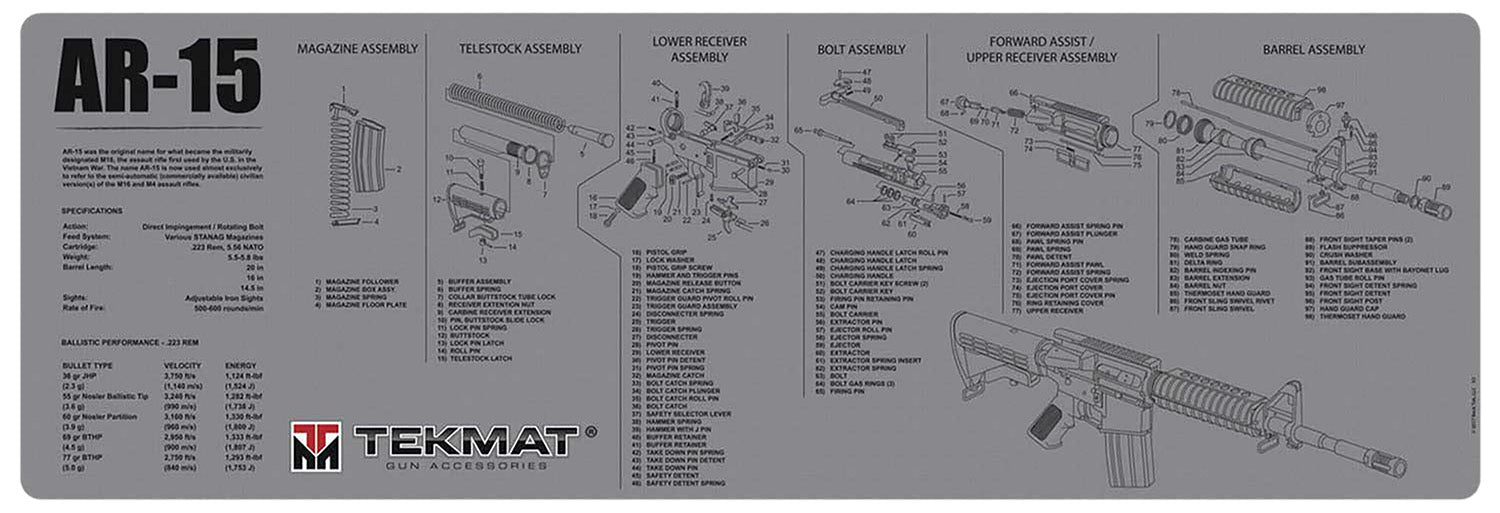TekMat TEKR36AR15GY AR-15 Cleaning Mat Gray Rubber 12"x36" AR-15 Parts Diagram