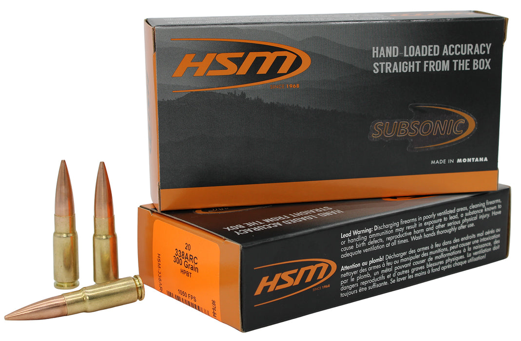 HSM 338ARC1N Subsonic  338ARC 300gr Hollow Point Boat Tail 20 Per Box/25 Case