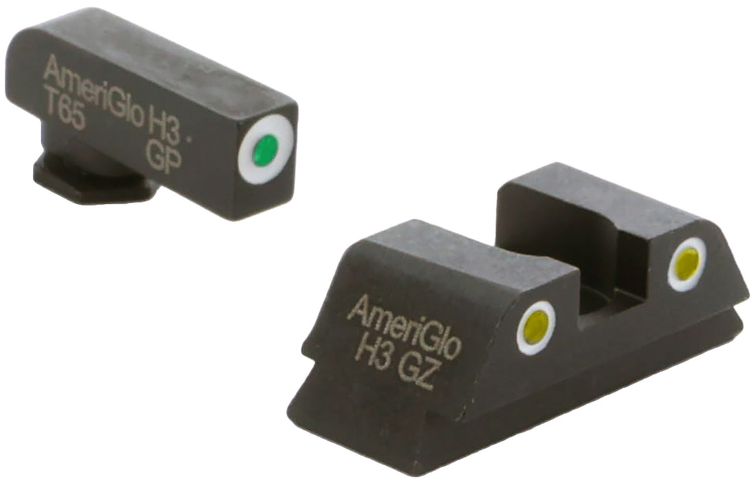 AmeriGlo GL431 Classic Tritium Sight Set for Glock  Green Tritium White Outline Front Sight-Yellow Tritium White Outline Rear Sight