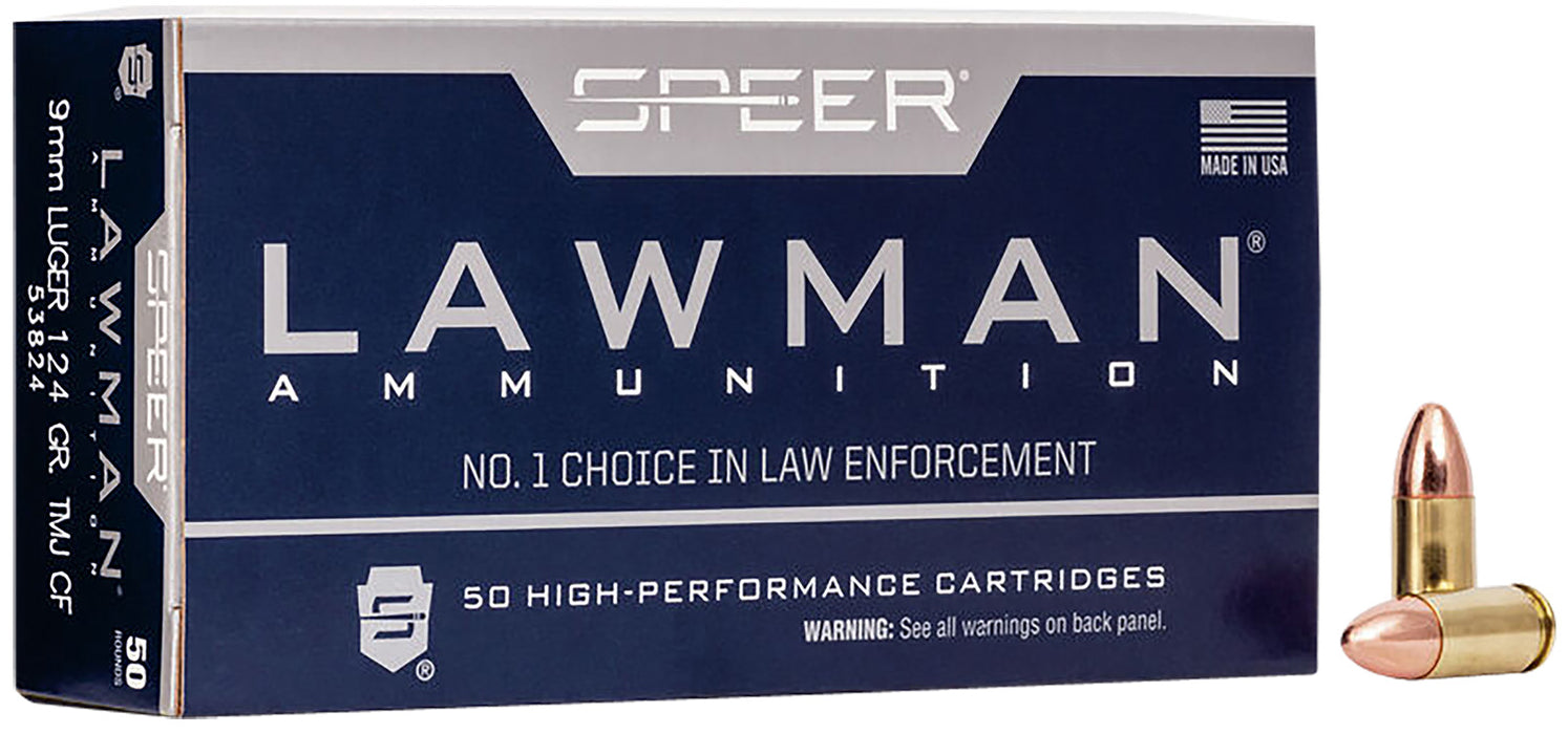 Speer 53824 Lawman Training Clean-Fire 9mm Luger 124 gr 1090 fps Total Metal Jacket Round Nose (TMJRN) 50 Bx/20 Cs