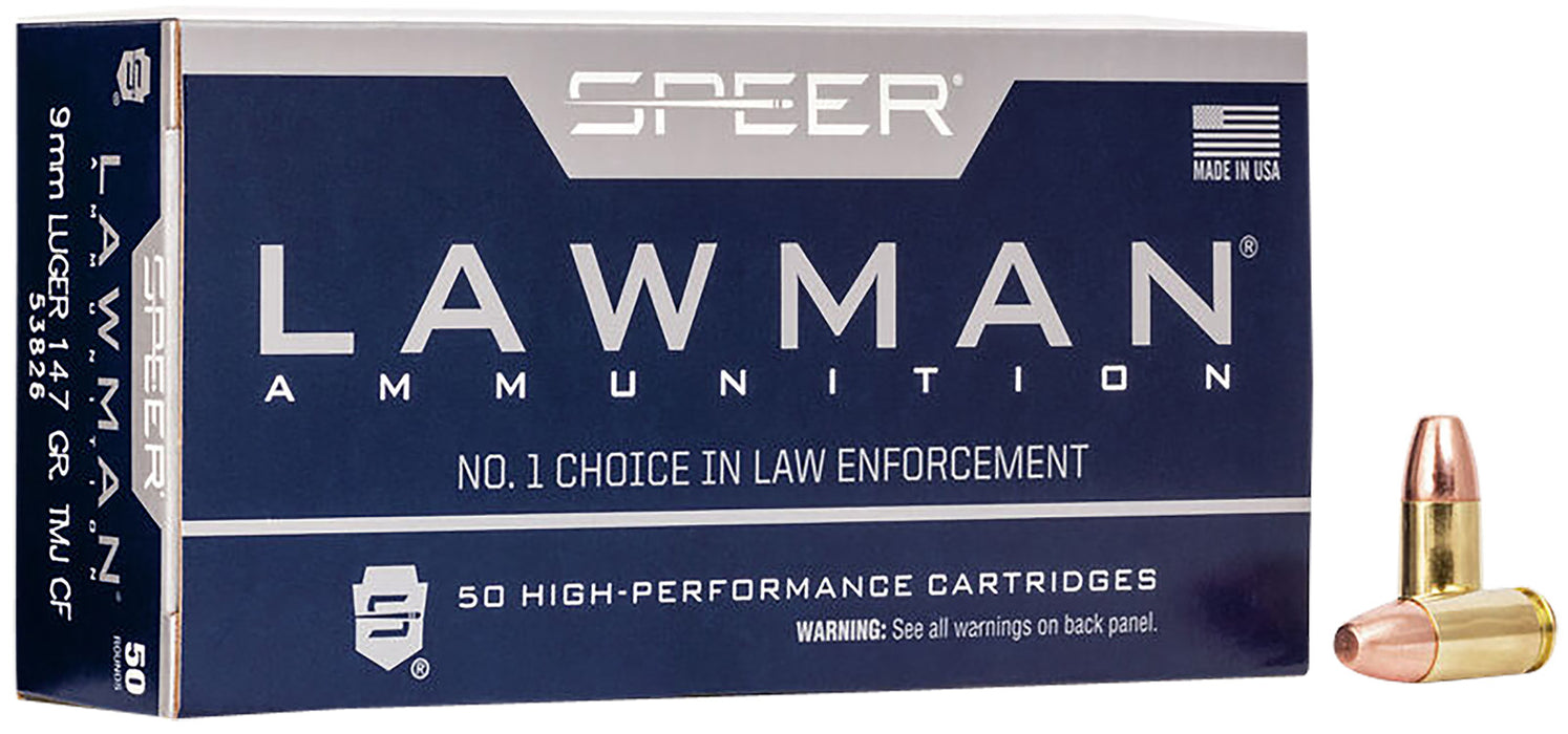 Speer 53826 Lawman Training Clean-Fire 9mm Luger 147 gr 985 fps Total Metal Jacket Flat Nose (TMJFN) 50 Bx/20 Cs