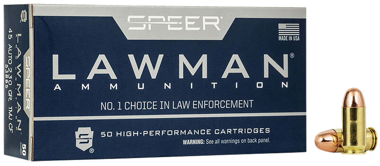Speer 53885 Lawman Training Clean-Fire 45 ACP 230 gr 845 fps Total Metal Jacket Round Nose (TMJRN) 50 Bx/20 Cs