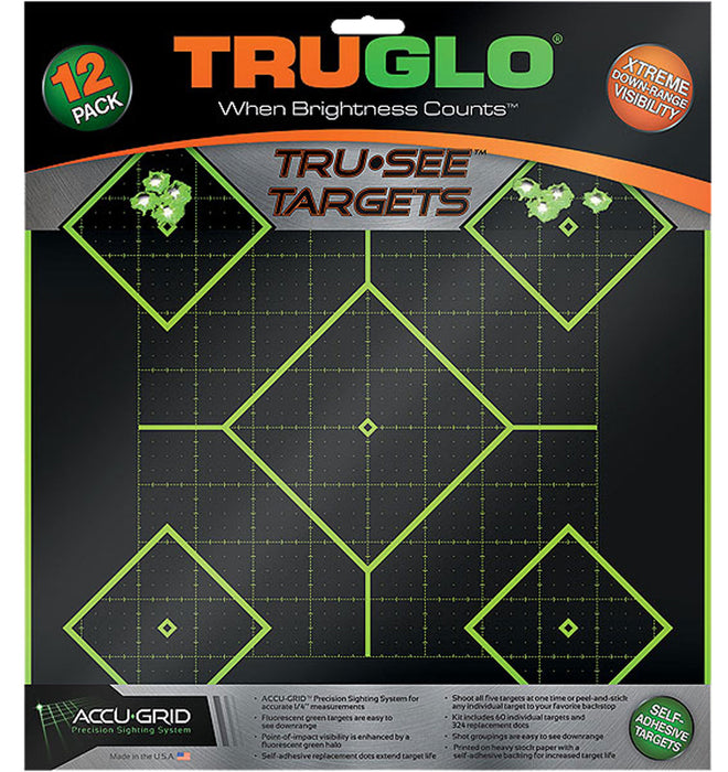 TruGlo TG14A12 Tru-See 5- Diamond Target Self-Adhesive Heavy Paper Black/Green 12"x12" 12 Pack