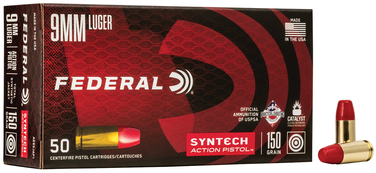 Federal AE9SJAP1 American Eagle Syntech Action Pistol  9mmLuger 150gr Total Syntech Jacket Flat Nose 50 Per Box/10 Case