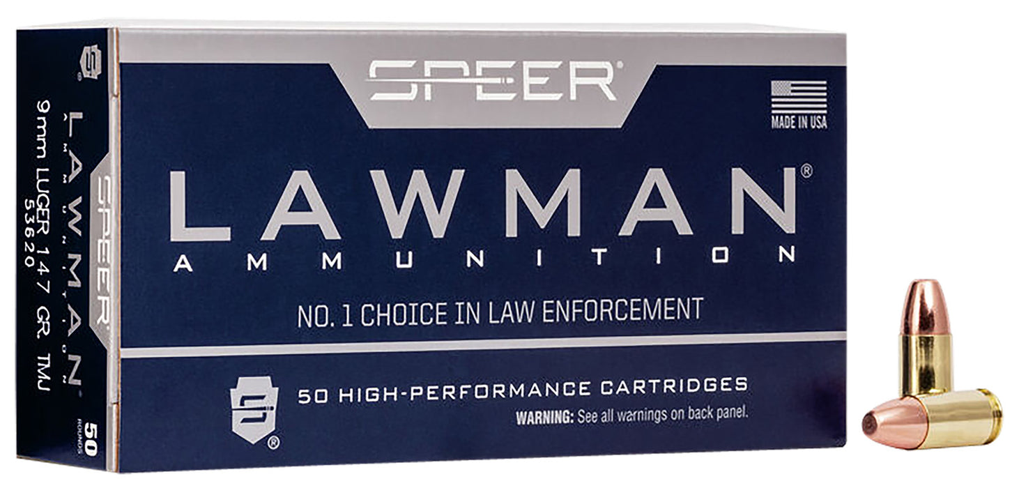 Speer 53620 Lawman Training 9mm Luger 147 gr 985 fps Total Metal Jacket Round Nose (TMJRN) 50 Bx/20 Cs