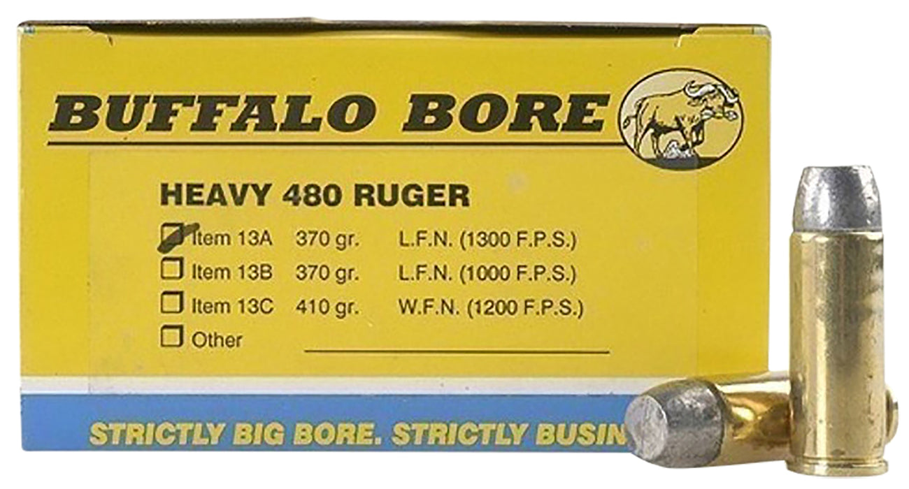 Buffalo Bore Ammunition 13A20 Heavy  480 Ruger 370 gr 1300 fps Lead Flat Nose (LFN) 20 Bx/12 Cs