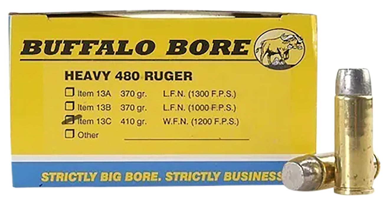 Buffalo Bore Ammunition 13C20 Heavy  480 Ruger 410 gr 1200 fps Wide Flat Nose (WFN) 20 Bx/12 Cs